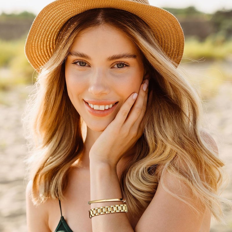 MPRAINBOW 2pcs 18K Gold Plated Chain Link Bracelet, Stainless Steel Crystal Friendship Bracelets Bangle,Watch Band Chains Wristband Jewelry with Adjust Tool - Image 3